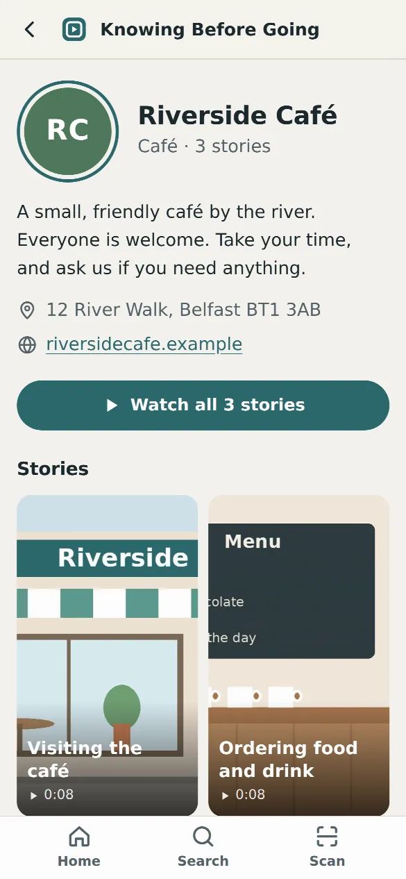 Riverside Café’s page: its address, a “Watch all 3 stories” button and a grid of story videos.