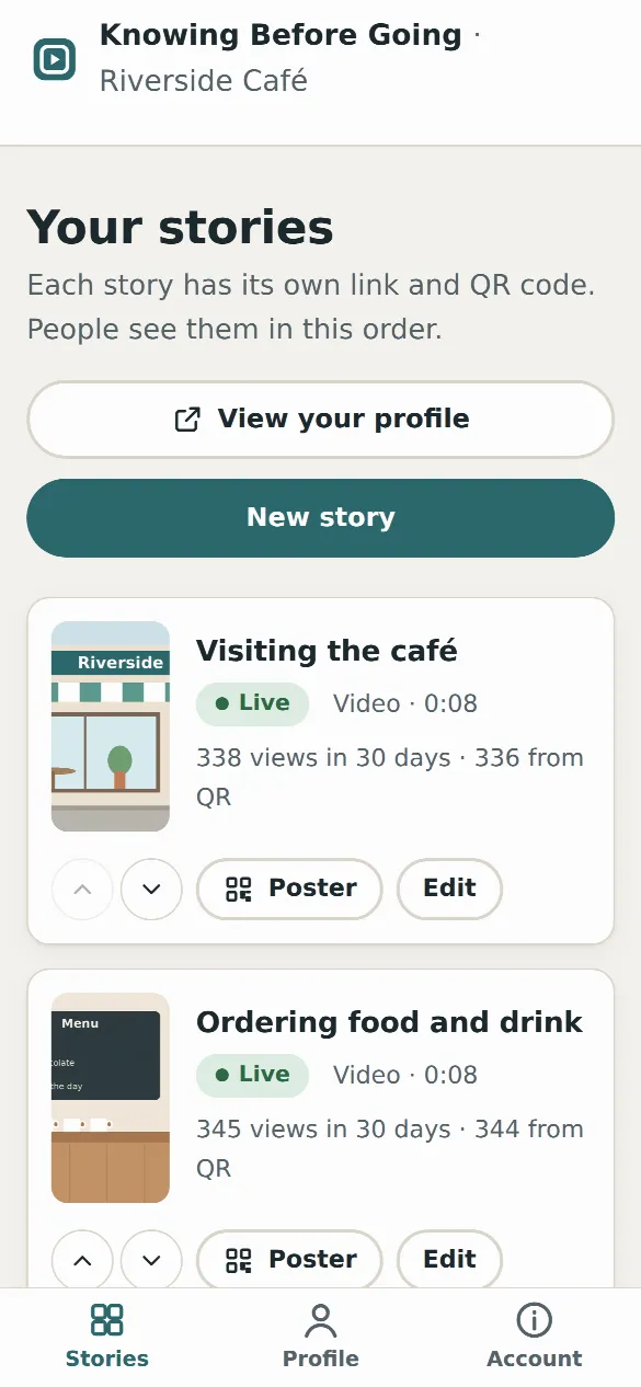The organisation dashboard on a phone: a list of stories with thumbnails, “Live” labels, view counts and Poster and Edit buttons.