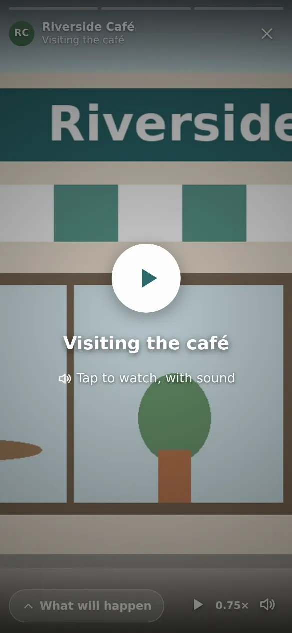 A story waiting to start: a large play button and the words “Tap to watch, with sound”.